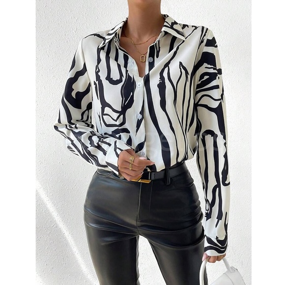 Abstract Print Button Down Collared Long Sleeve Dress Shirt Top Black Off White - Picture 4 of 8